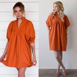 Never A Wallflower | High Neck Dress Burnt Orange Puff Sleeve